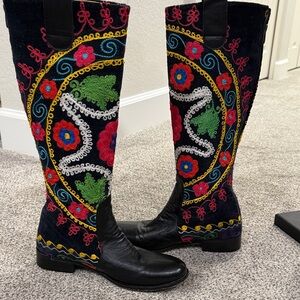 Embroidered Black Leather Boots